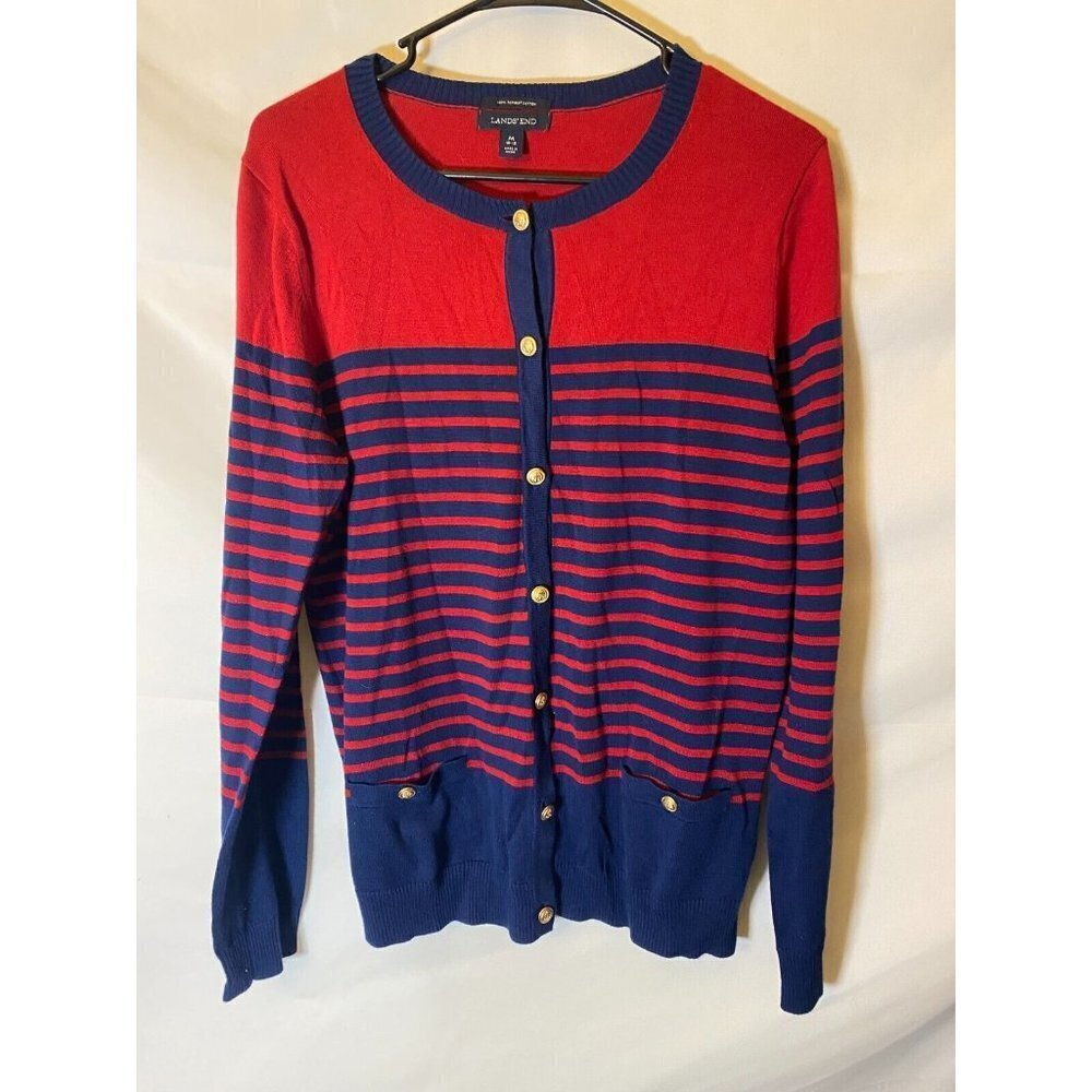 Lands End women’s Grsnnycore medium 10/12 cardigan Sweater red navy Preppy